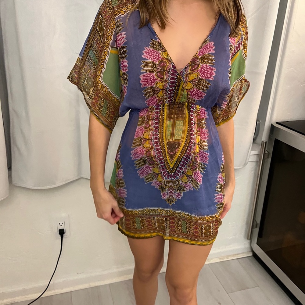 Multicolored casino cover up with tie front or back